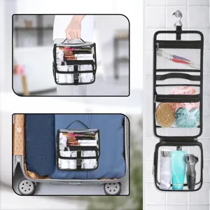 Transparent PVC travel toiletry bag with hanging hook, large capacity waterproof cosmetic organizer.