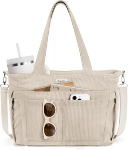 Beige corduroy tote bag with multiple pockets large capacity casual shoulder bag daily use detail