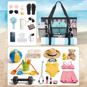 Large capacity mesh beach bag with zipper pockets, durable shoulder tote for outdoor travel vacation.