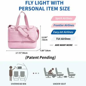 Pink quilted travel duffel bag detail showing dimensions and airline compatibility features.
