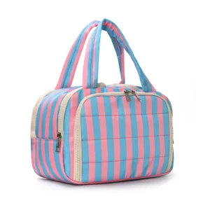 Pink and blue striped cosmetic bag detail view, large capacity portable makeup toiletry pouch.