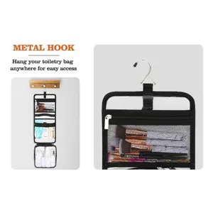 Hanging transparent PVC makeup storage bag detail showing sturdy metal hook and mesh pockets.