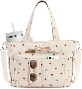 Chic corduroy tote bag with cute strawberry pattern, large capacity casual shoulder bag for travel.