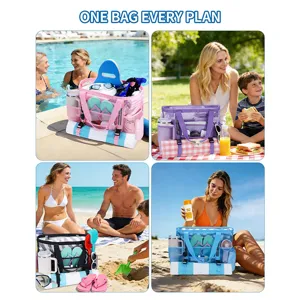 Large capacity mesh beach bag with zipper and multi-functional pockets for outdoor travel.