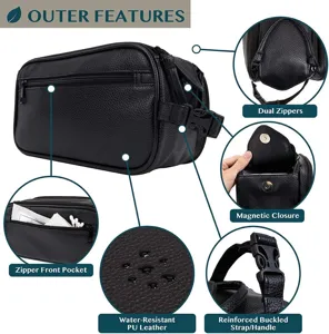 Bolsa de aseo negra y muy resistente impermeable de piel PU con cremalleras dobles.