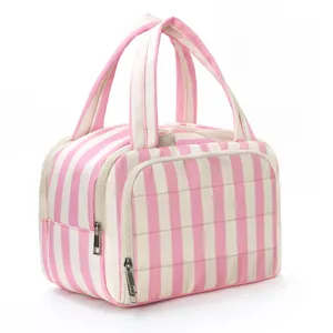 Pink and white striped cosmetic bag, large capacity travel toiletry organizer with handle.
