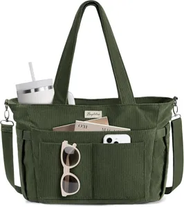 Green corduroy tote bag with multiple pockets, large capacity casual shoulder and handbag.