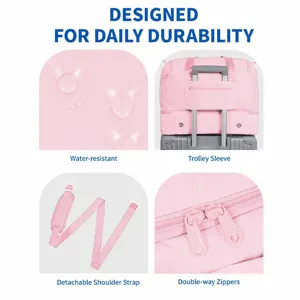 Pink travel duffel bag detail showcasing water-resistant fabric, trolley sleeve, and zippers.