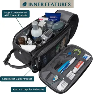 Bolsa de aseo de viaje impermeable para hombres con múltiples compartimentos y correas.