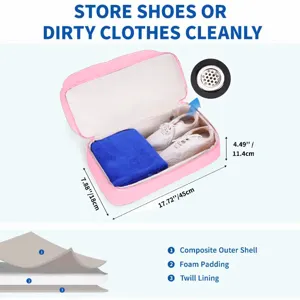 Travel shoe bag detail showing breathable ventilation hole and 3-layer protective structure.