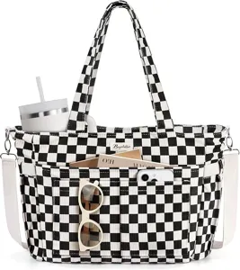 Black and white checkered corduroy tote bag, large capacity casual shoulder bag for travel.