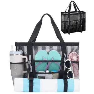 Black mesh beach bag large capacity tote bag with multi pockets for outdoor travel pool.