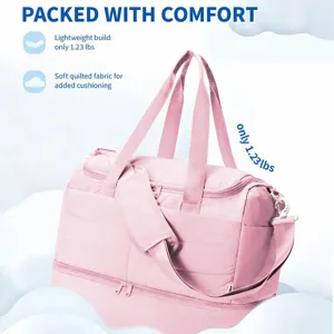 Pink quilted travel duffel bag lightweight large capacity shoulder bag for women trips.