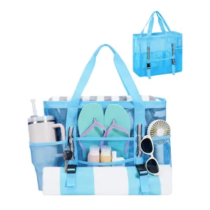 Large capacity blue mesh beach bag with zipper closure, multiple outer pockets and durable handles.