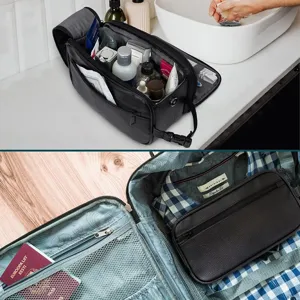 Bolsa de aseo de viaje de cuero PU para hombres, gran capacidad y neceser portátil.
