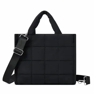 Black quilted tote bag for women, large capacity puffer shoulder bag with crossbody strap.