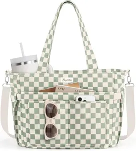 Green checkered corduroy tote bag detail, featuring multiple front pockets and spacious daily capacity.