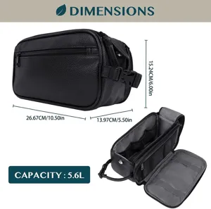 Bolsa de aseo negra de cuero con múltiples compartimentos y gran capacidad de 5,6L.