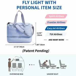 Lightweight quilted travel duffel bag for women, large capacity personal item bag with dimensions.