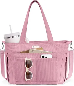 Pink corduroy tote bag with multiple pockets, casual travel shoulder handbag for women.
