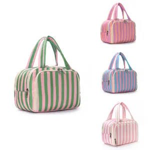 Large Capacity Striped Cosmetic Bag Waterproof Travel Toiletry Organizer Color Block Makeup Pouch For Daily Use