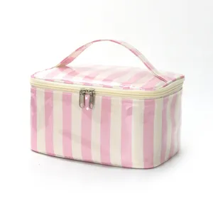 Pink white striped cosmetic bag portable travel makeup storage pouch toiletry organizer