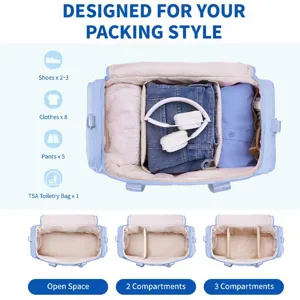 Detailed view of large capacity quilted travel duffel bag with adjustable compartments.