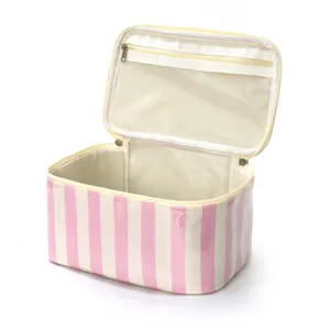 Pink white striped cosmetic bag portable travel makeup storage pouch with zipper mesh pocket