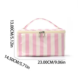 Pink white striped clear cosmetic bag portable travel makeup storage wash bag for women