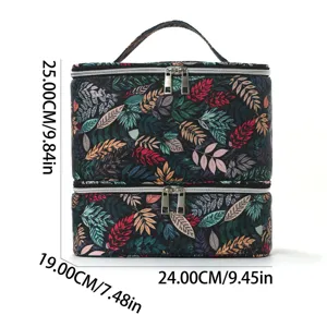 Borsa cosmetica a doppio strato con stampa di foglie, organizer per trucco portatile.