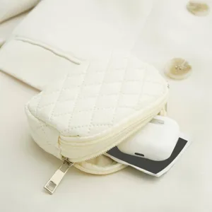 White quilted zipper storage bag portable mini coin purse cute earphone case organizer daily.