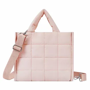 Women's pink quilted tote bag, stylish puffer shoulder crossbody bag with adjustable strap.