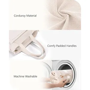 Corduroy tote bag with padded handles, large capacity shoulder bag for casual outdoor travel.