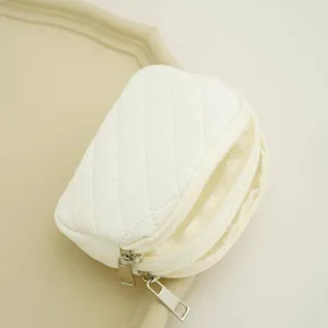White Quilted Mini Double Zipper Coin Purse Portable Square Earphone Storage Bag Pouch
