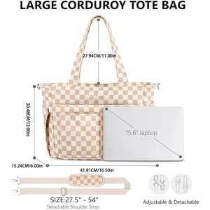 Large corduroy tote bag with checkerboard pattern, 15.6 inch laptop compartment and straps.