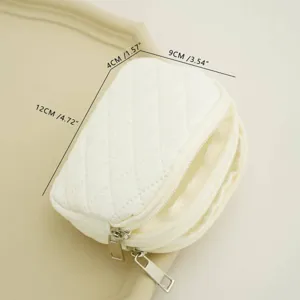 White quilted mini zipper coin purse, portable compact cosmetic storage pouch bag 12x9x4cm