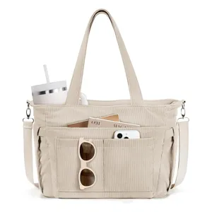 Beige corduroy tote bag, large capacity shoulder bag, casual travel handbag with multi pockets.