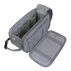 Neceser de viaje gris para hombre, organizador de maquillaje colgante con varios bolsillos.