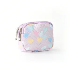 Cute pastel heart quilted coin purse portable double zipper storage bag for daily use