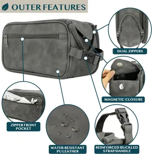 Bolsa de aseo de viaje de cuero PU gris impermeable con múltiples bolsillos prácticos.
