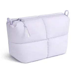 Light purple quilted cosmetic bag, stylish puffer makeup pouch for women and daily travel.