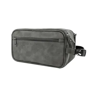 Bolsa de aseo de cuero gris para hombre, neceser de viaje grande con cremallera.