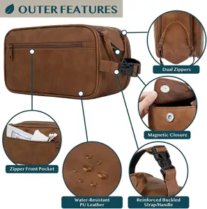 Bolsa de aseo para hombre impermeable de cuero PU neceser de viaje vintage con doble cremallera.