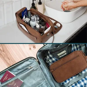 Gran neceser de viaje para hombre de cuero PU, bolsa organizadora de aseo portátil.