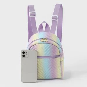 Pastel regenboog PU gewatteerde mini rugzak, stijlvolle casual kleine dagrugzak voor dames.