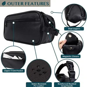 Bolsa de aseo para hombre de cuero PU negro con cremallera doble y estuche de viaje impermeable