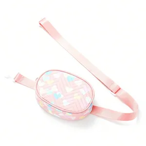 Cute kids pink fanny pack with heart print, adjustable strap, stylish chest bag for daily use.