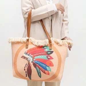 Large Capacity Ethnic Style Tote Bag Casual Travel Polyester Cotton Shoulder Bag With Tassels Zipper Closure