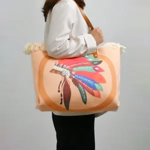 Fashion large capacity canvas tote bag ethnic style feather print shoulder travel handbag.