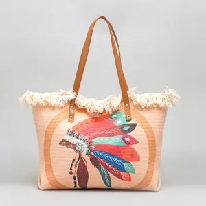 Stylish ethnic print canvas tote bag large capacity casual travel shoulder bag for women